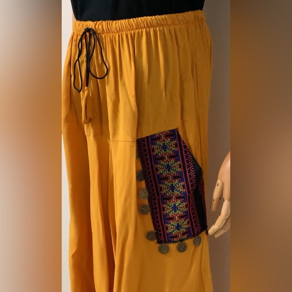 Mustard Yellow with Pink Floral Hobo Embroidered Low Harem Baggy Pants - Picture 7 of 16